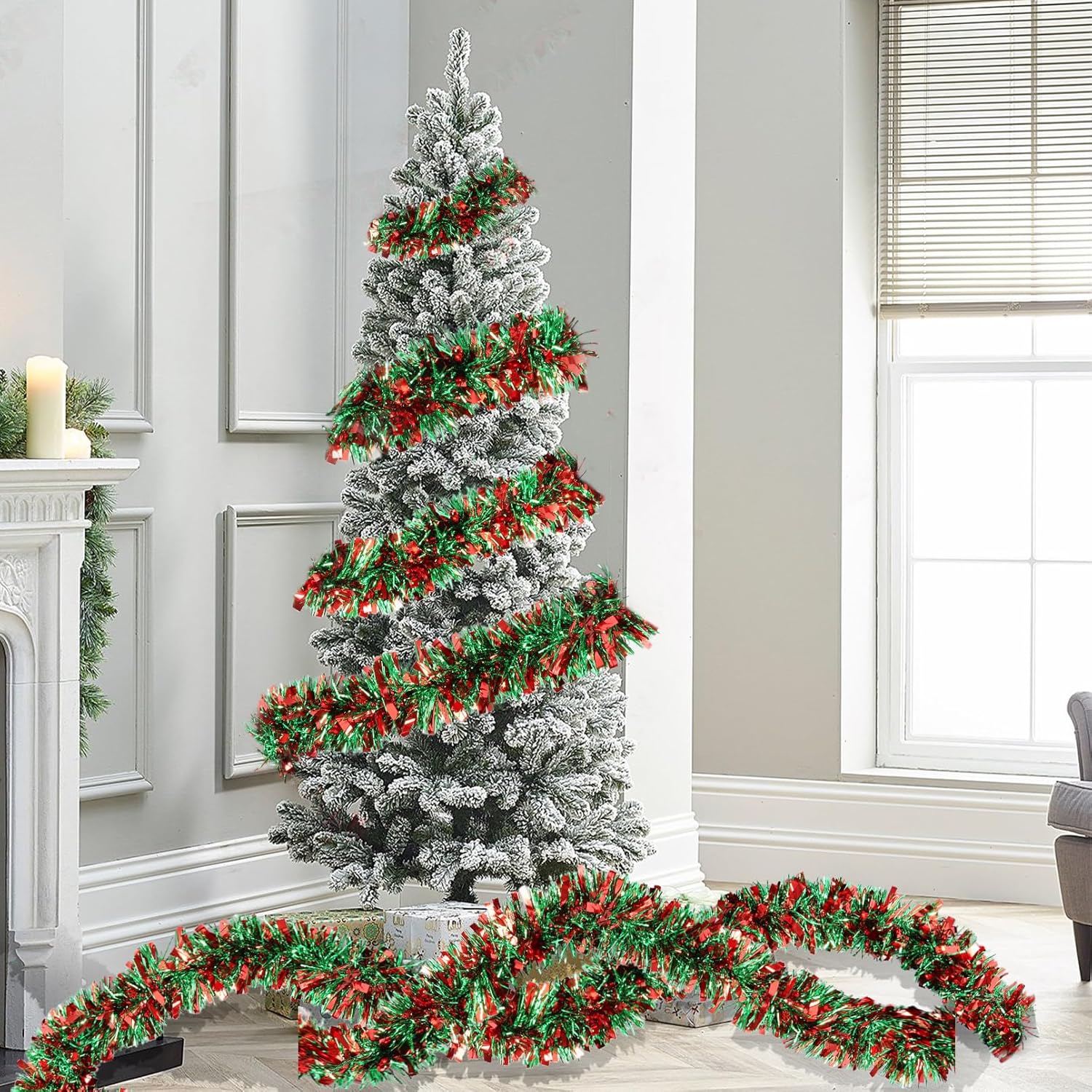 50Ft Christmas Tinsel Garland - Shiny Metallic Tinsel Twist Hanging Garland for Christmas Tree Home Stairs Railing Front Door Mantle Fireplace Indoor Outdoor Holiday Party Decor (Red and Green)